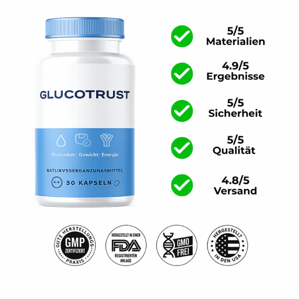 GlucoTrust blood sugar support supplement bottle with ratings for quality, safety and results