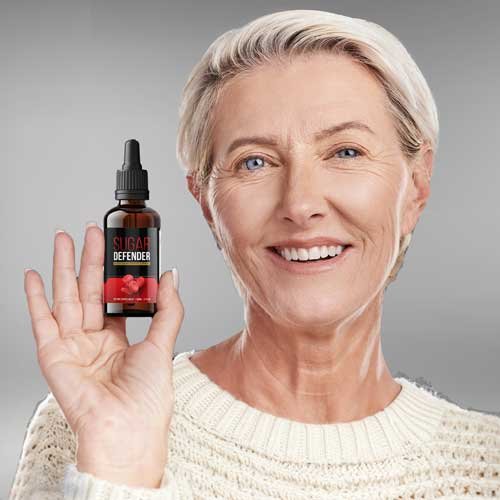 Woman holding Sugar Defender drops giving positive review for glucose control support